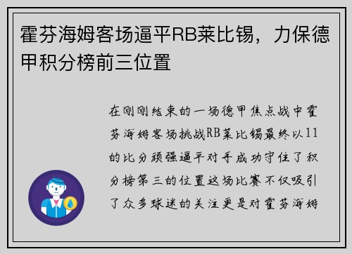 霍芬海姆客场逼平RB莱比锡，力保德甲积分榜前三位置