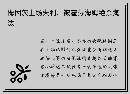 梅因茨主场失利，被霍芬海姆绝杀淘汰