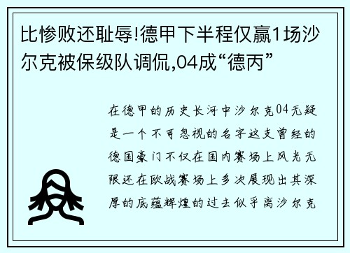 比惨败还耻辱!德甲下半程仅赢1场沙尔克被保级队调侃,04成“德丙”