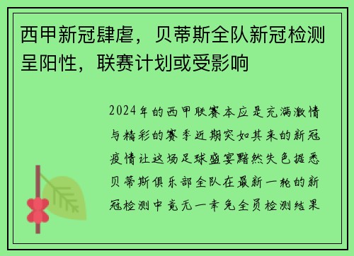 西甲新冠肆虐，贝蒂斯全队新冠检测呈阳性，联赛计划或受影响